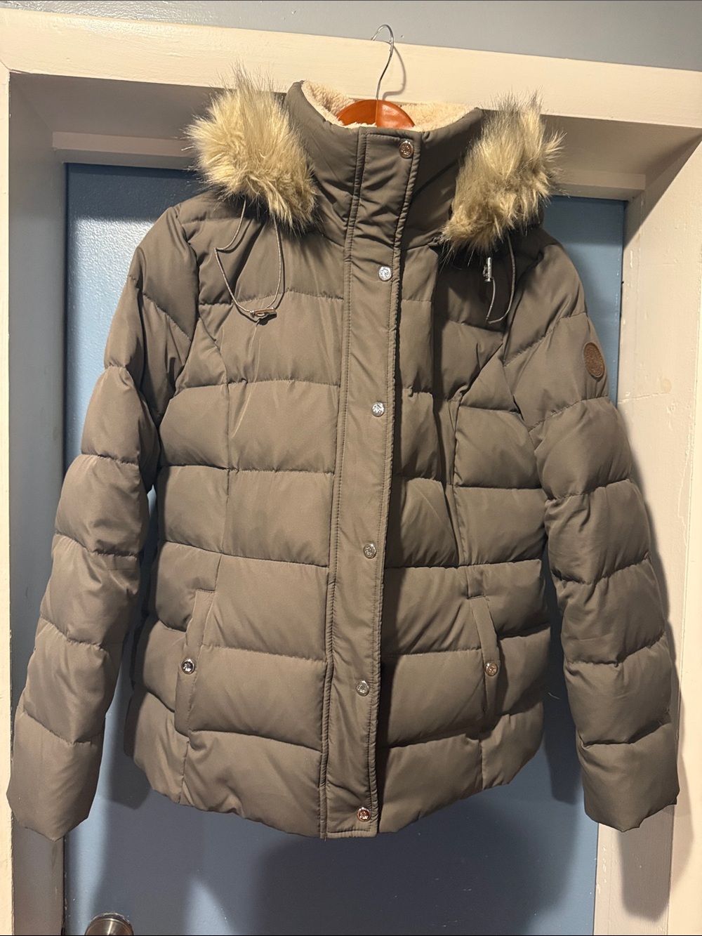 Ralph Lauren Taupe Puffer Coat with Faux Fur Trim